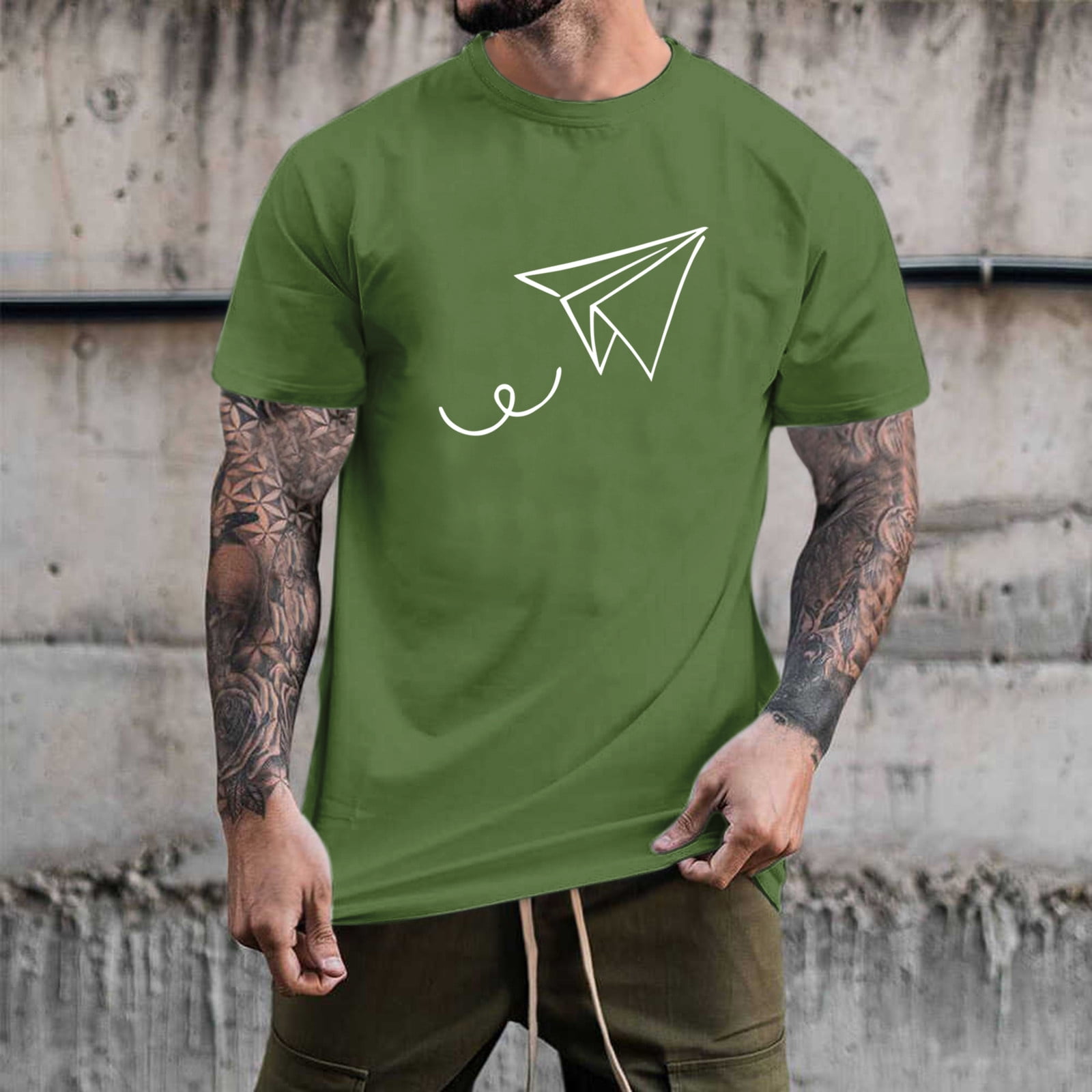 Ediodpoh male Summer Casual Paper Plane Print T Shirt Blouse Short Sleeve Round Neck Tops T Shirt Men T Shirts Army Green S, Men's, Size: Small