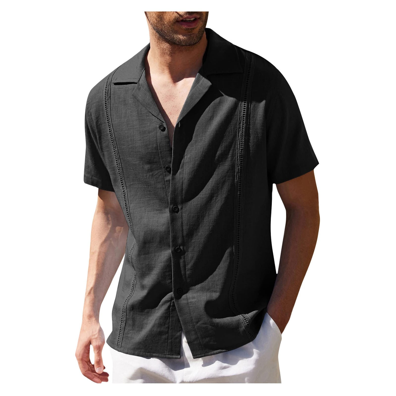 Male Summer Casual Top Shirt Embroidery Edge Solid Shirts Short
