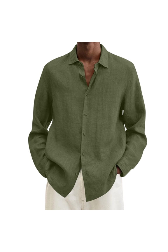 Male Summer Cotton Linen Solid Casual Plus Size Loose Shirt Mens Turn Down Collar Long Sleeve Shirt