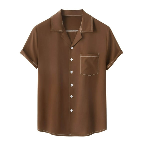 Male Summer Hawaii Solid Shirt Short Sleeve Pocket Lapel Collar Button Shirt