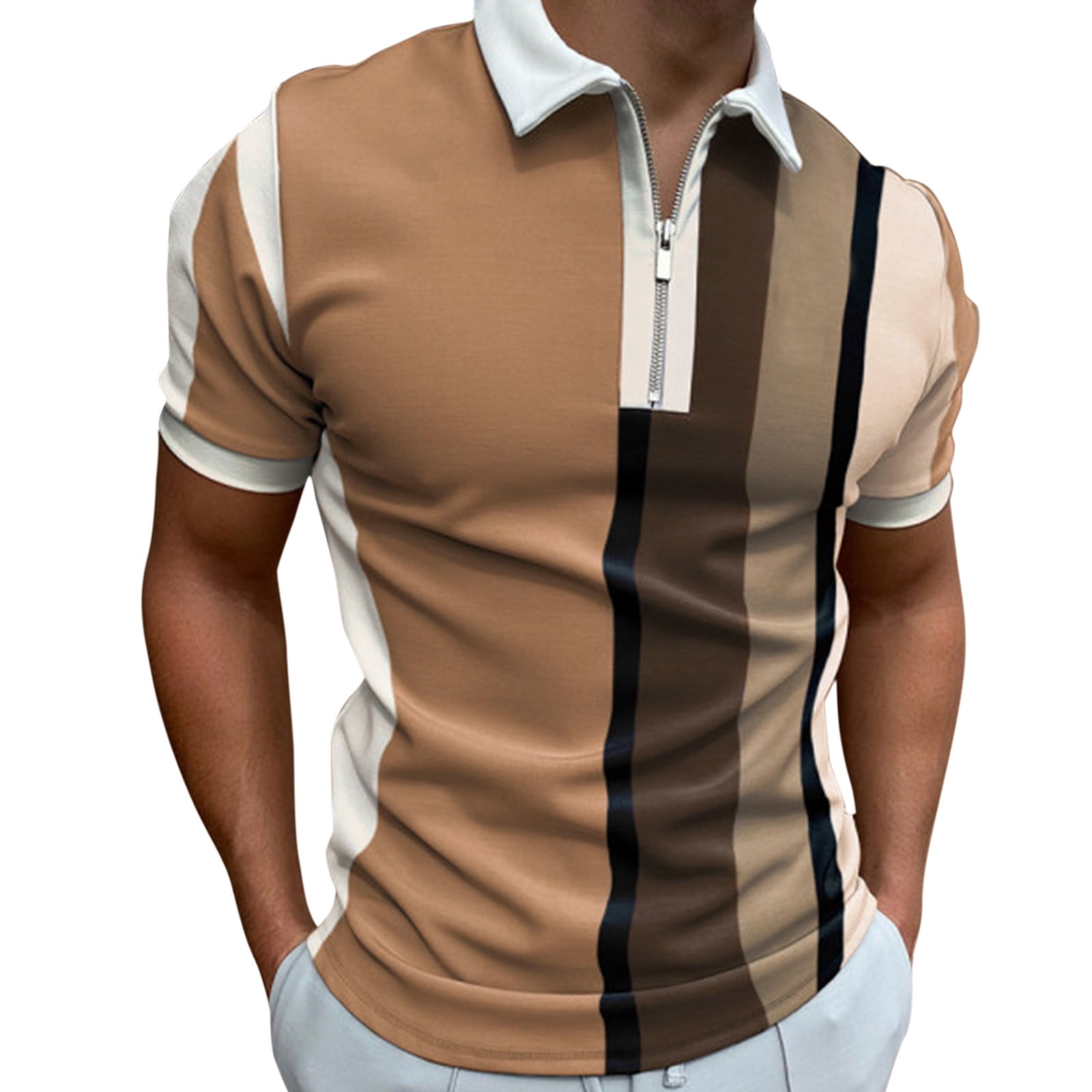 Male Summer Striped Splice Print T Shirt Turn Down Collar Short Sleeve ...