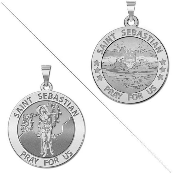 Male Swimmers - Saint Sebastian Doubledside Sports Religious Medal 1 Inch in Solid 14K White Gold