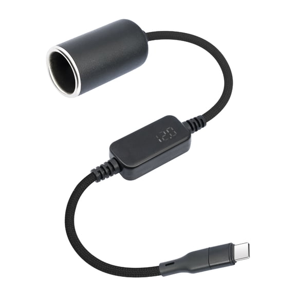 Male USB C 5V to Female 12V 18W Car Socket Adapter Cord Power Cable Line with Voltage Display for Car