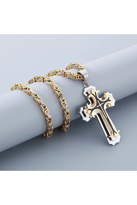Male Vintage Christian Trinity Latin Cross 14K Yellow Gold Necklace Multi-layers Cross Pendants Necklaces Catholic Jewelry