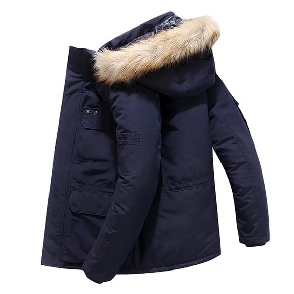Male Winter Warm Casual Padded Jacket Thickened Mid Length Pocket Design Hooded Collar Padded Jacket