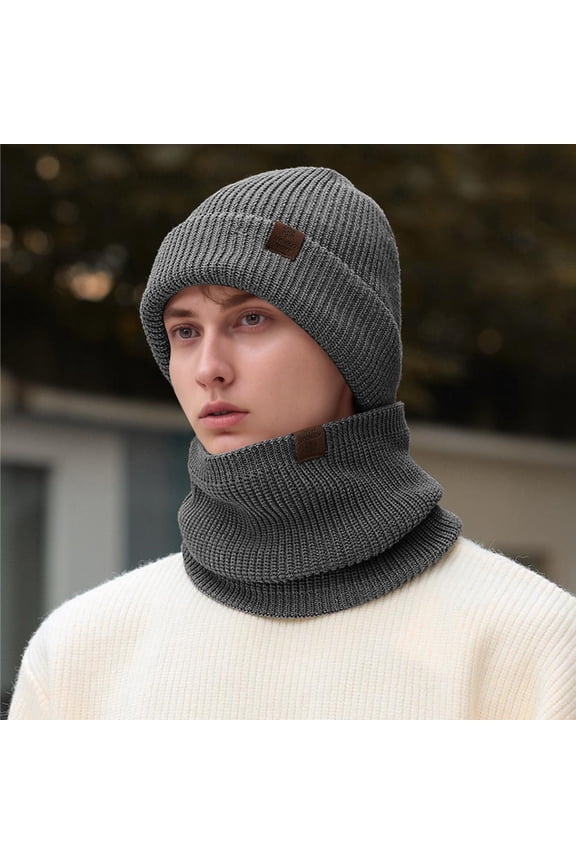 Male Winter Warm And Casual Solid Color Windproof Ear Knitted Hat Scarf Two Piece Set Mens Hats for Winter Youth Trapper Hat Cape Cod Winter Hat Warm Baseball Caps for Men Leather Hat And Goggles 1
