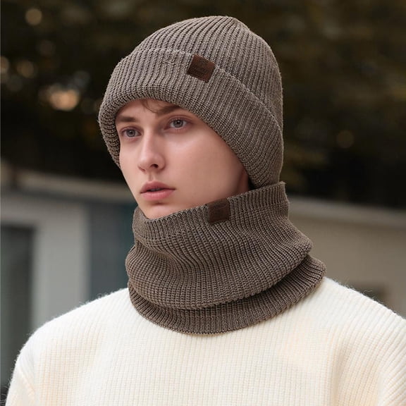 Male Winter Warm And Casual Solid Color Windproof Ear Knitted Hat Scarf Two Piece Set Ski Hats Head And Heels Hat Warmest Winter Hats for Men Men Trapper Hat Baseball Cap Insulated Baseball Cap Warm