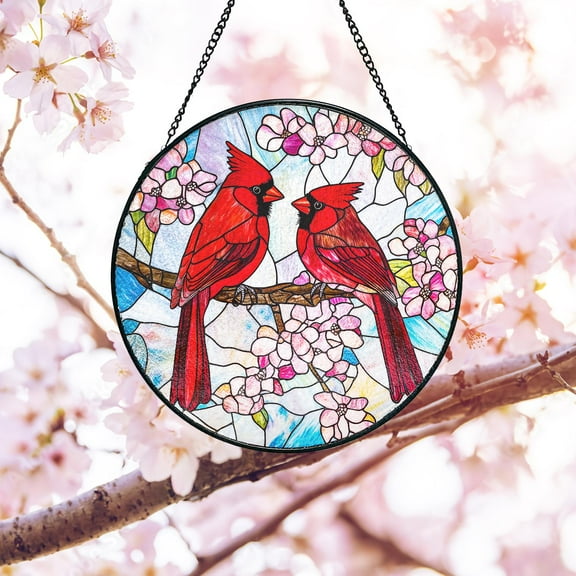 Male and female Cardinals on Cherry Blossom branch Stained Glass Suncatcher – Floral Gift for Garden And Bird Lovers 1876283474