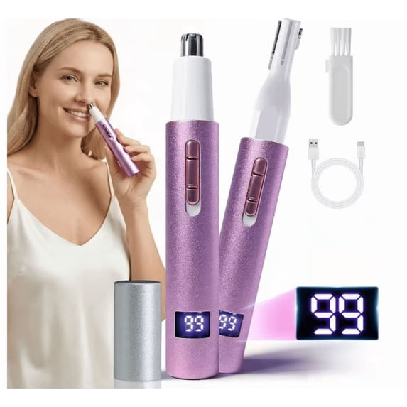 Male and female nose and ear hair clippers with LED display screen, 2-in-1 eyebrow hair clipper with USB rechargeable, 2026 portable waterproof facial hair remover, with double-edged blade (purple)