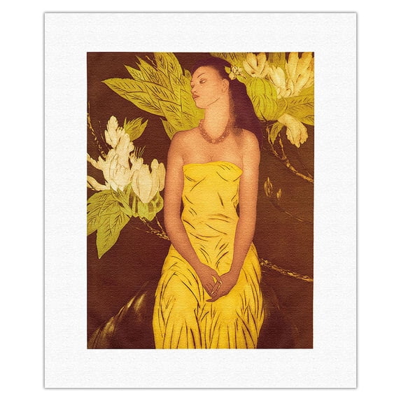 Maleana (Melodious) - Hawaiian Lady - Vintage Color Aquatint Etching by John Melville Kelly c.1950 - Fine Art Rolled Canvas Print 11in x 14in