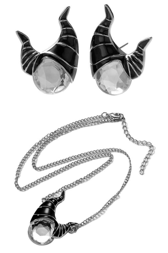 Maleficent Fairy Hat Enamel Metal Necklace and Stud Earrings Set