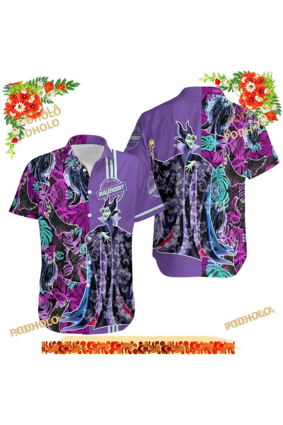 Maleficent Villains Floral Hawaiian Shirt, Beach Pattern Disney Button Down Shirt