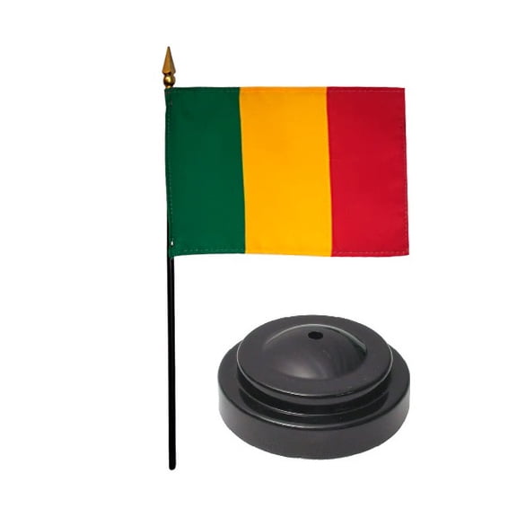 Mali Desk Flag with Base; American Made Rayon 4x6 inch Miniature Table Set Includes One Small Mini Country Stick Flags and One Black Stand (Mali Desk Flag and Base)