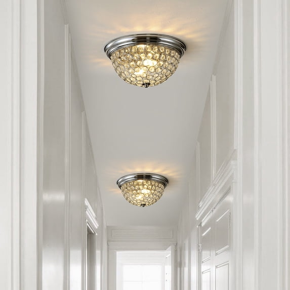 JONATHAN Y Malia 12" 1-Light Traditional Transitional Iron LED Flush Mount, Chrome/Clear (Set of 2), JYL9901A-SET2