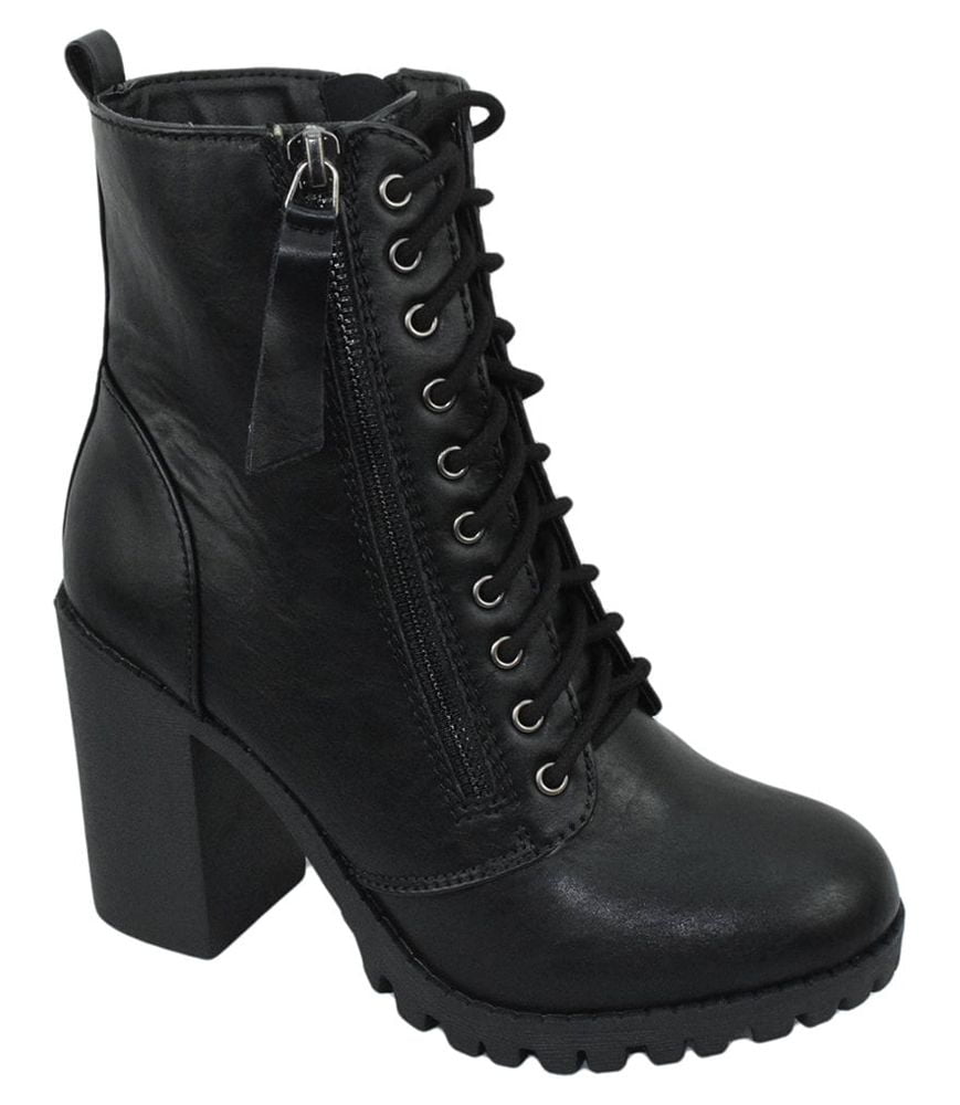 Malia Black Soda Riding Booties Women Chunky High Heel Combat Ankle Boots  Army Military 