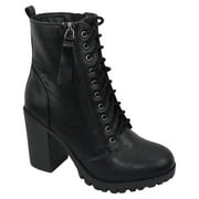 Malia Black Soda Riding Booties Women Chunky High Heel Combat Ankle Boots Army Military