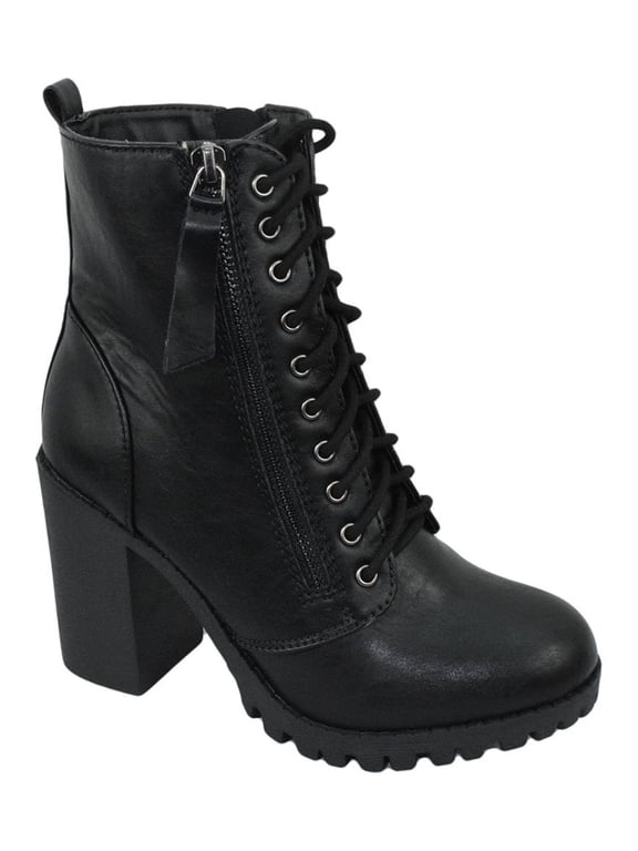 Malia Black Soda Riding Booties Women Chunky High Heel Combat Ankle Boots Army Military