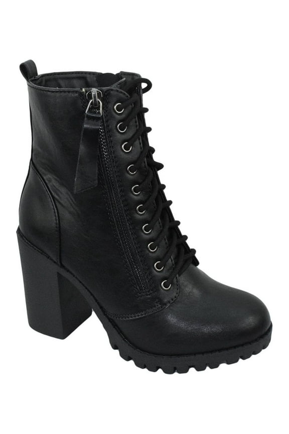 Malia Black Soda Riding Booties Women Chunky High Heel Combat Ankle Boots Army Military