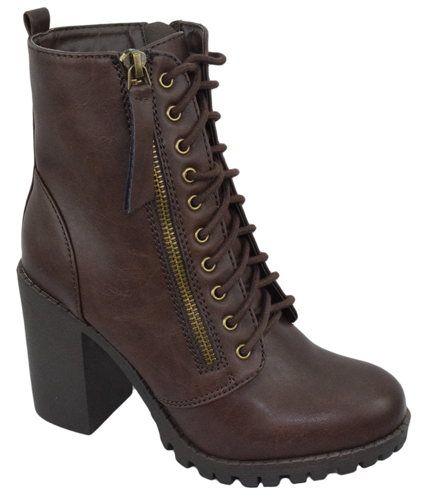 Soda Women Chunky Thick High Heels Combat Lug Sole Ankle Boots Platform  Lace Up Booties Side Zipper Fuzzy-S Brown Tan 7.5 - Walmart.com