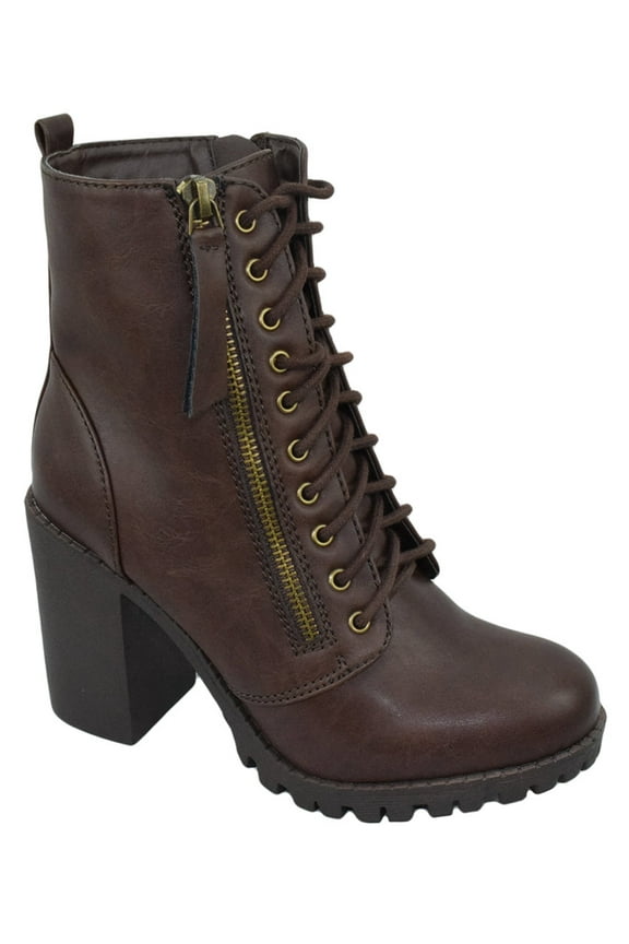 Malia Dark Brown Soda Riding Booties Women Chunky High Heel Combat Ankle Boots Army Military
