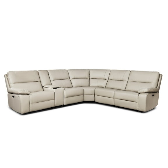 Jennifer Taylor Home Malibu 130" Modern Power Motion 6-Piece Reclining Corner Sectional with Cup Holders, Cream Taupe Beige Top Grain Leather