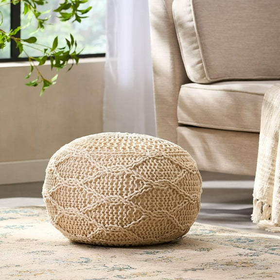 Malibu 20" Round Wool Pouf | Cozy Knit Weave Footrest & Accent Seat | Soft Ivory | No Assembly Required | Modern Home Decor