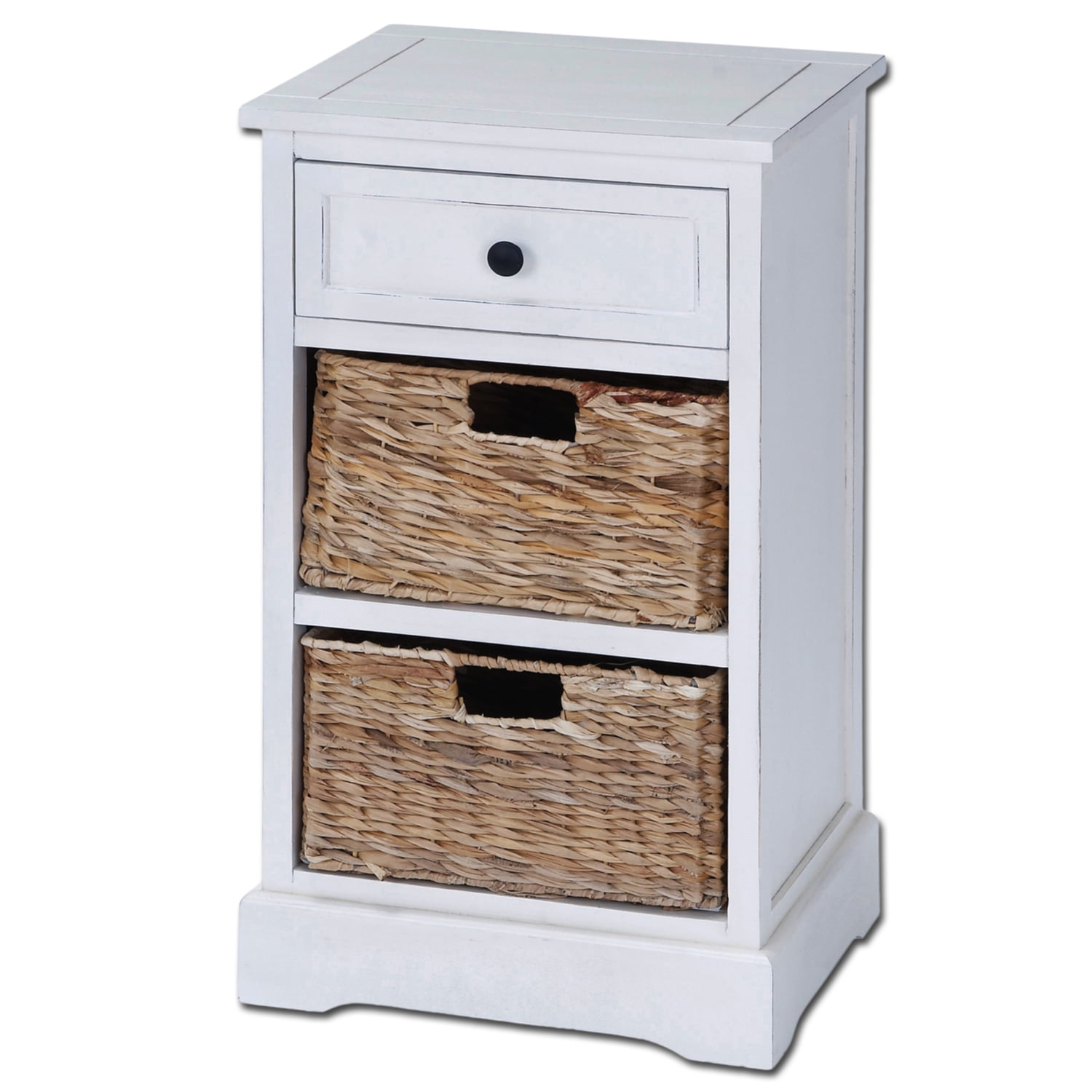 Urban Designs Malibu 3 Drawer Night Stand with Wicker Baskets White