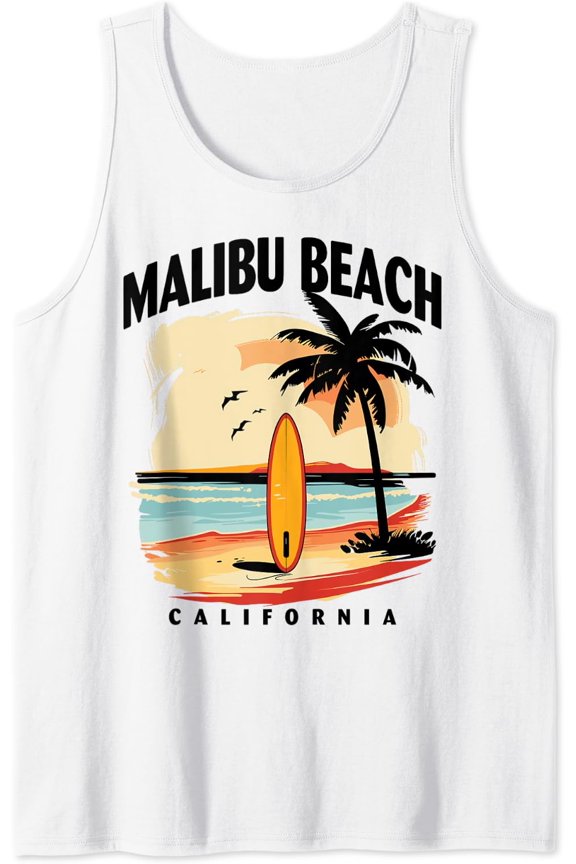 Malibu Beach California Surfboard Surfing Men Women Tank Top Size S-3XL