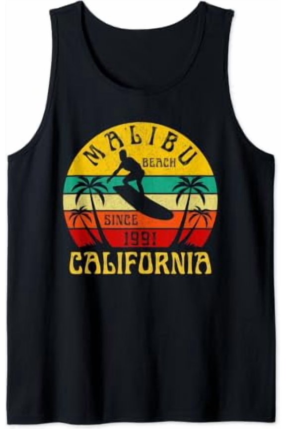 Malibu Beach California Surfing Surfer Ocean Vintage Tank Top Size S-3XL