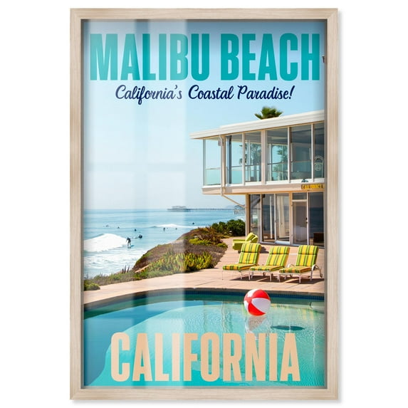 Malibu Beach II Shadowbox Print Coastal Photography by Art Remedy, Blonde Frame, 16 x 24