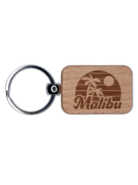 Malibu Destination Tropical Sunset with Palm Trees Rectangle Keychain Charm Tag - Engraved Wood
