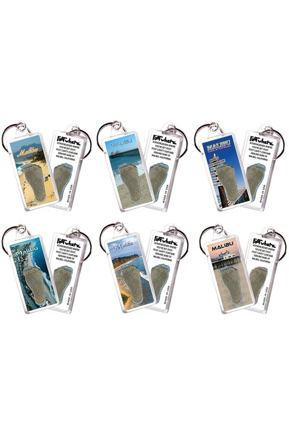 Malibu FootWhere Souvenir Keychain. 6 Piece Set. Made in USA