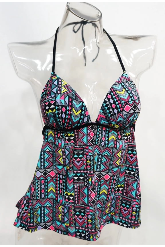 Geo Open Back Molded Push Up Halterkini Tankini Top Swimwear XS