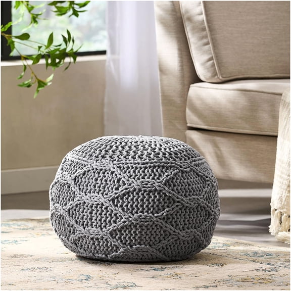 Malibu Grey Wool Pouf Ottoman, Round Knit Footstool for Living Room, Accent Seating with Modern Design