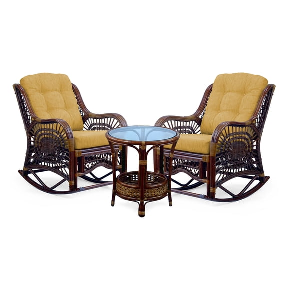 Malibu Handmade Natural Rattan Living Room Set of Round Coffee Table with glass and 2 Rocking Lounge Chairs with Light Brown Cushions, Dark Brown Color