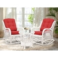 thumbnail image 1 of Malibu Handmade Natural Rattan Living Room Set of Round Coffee Table with glass and 2 Rocking Lounge Chairs with Red Cushions, White Color, 1 of 5
