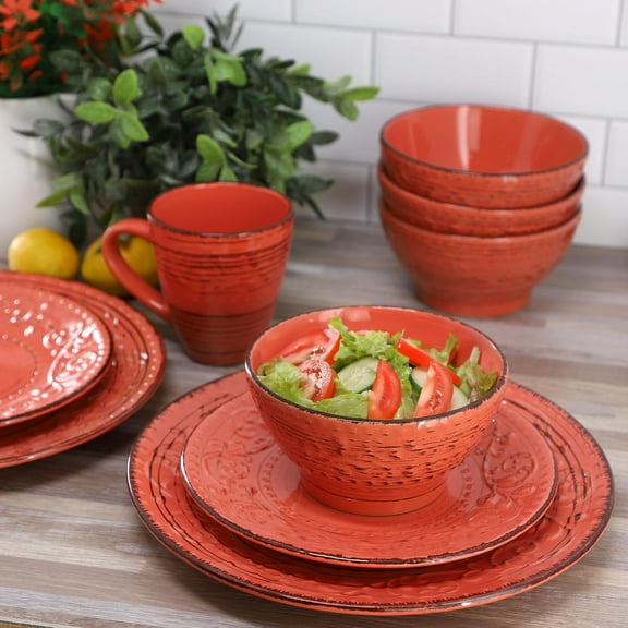 Malibu Jasper 16-Piece Stoneware Embossed Pattern Reactive Glaze Orange Dinnerware Set