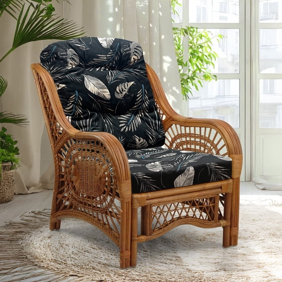 Malibu Lounge Armchair ECO Natural Rattan Wicker Handmade Design with Black Leaf Cushion, Colonial Color