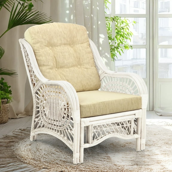 Malibu Lounge Armchair ECO Natural Rattan Wicker Handmade Design with Cream Cushion, White Wash