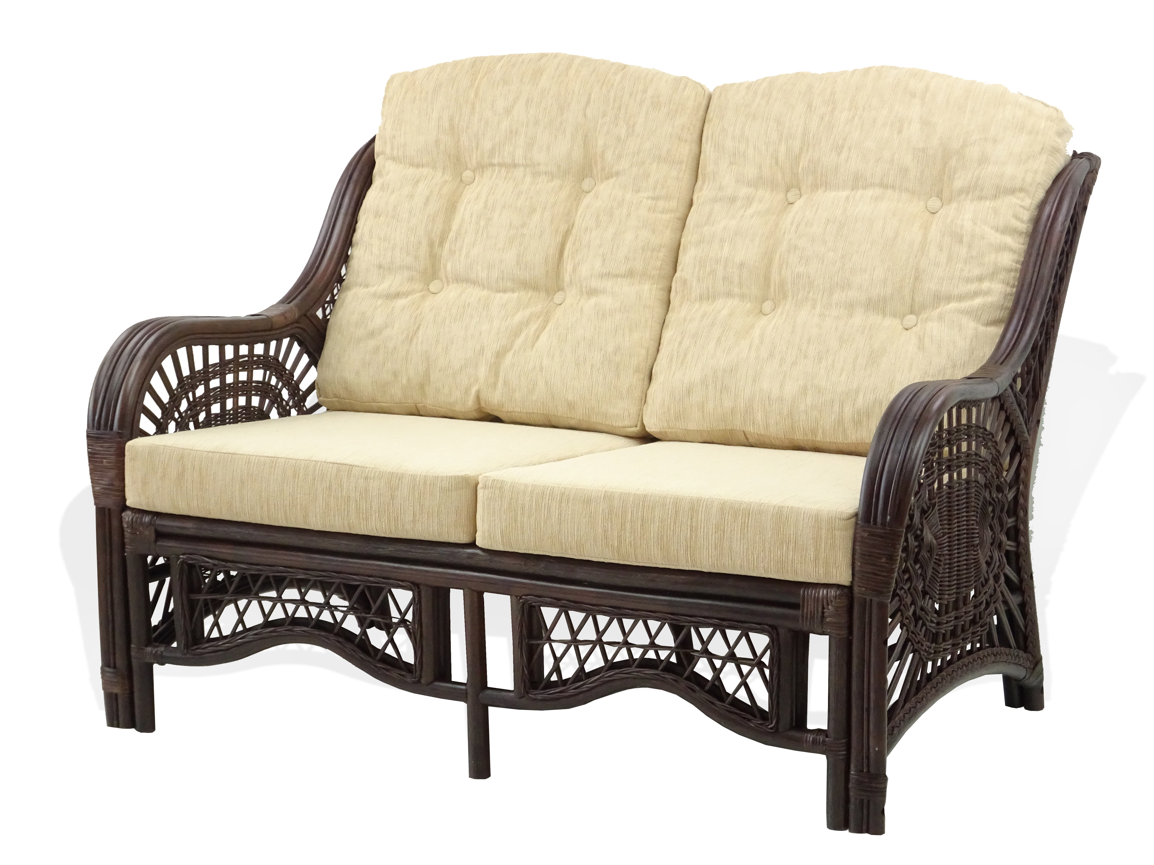 Malibu Lounge Loveseat Sofa ECO Natural Rattan Wicker Handmade Design w/Cream Cushions, Dark Brown