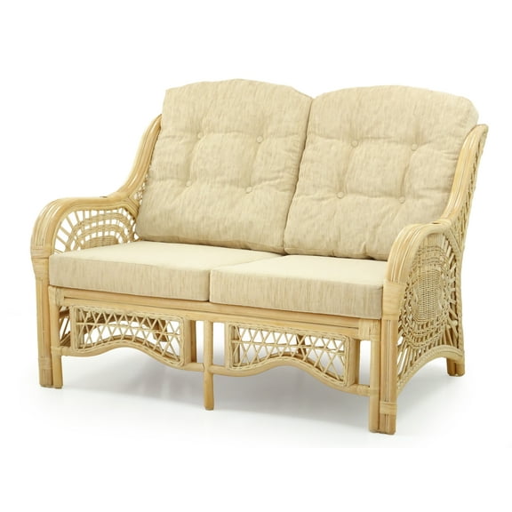 Malibu Lounge Loveseat Sofa Natural Rattan Wicker Handmade Design with Cream Cushions, Natural