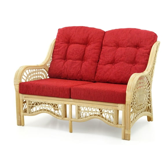 Malibu Lounge Loveseat Sofa Natural Rattan Wicker Handmade Design with Red Cushions, Natural