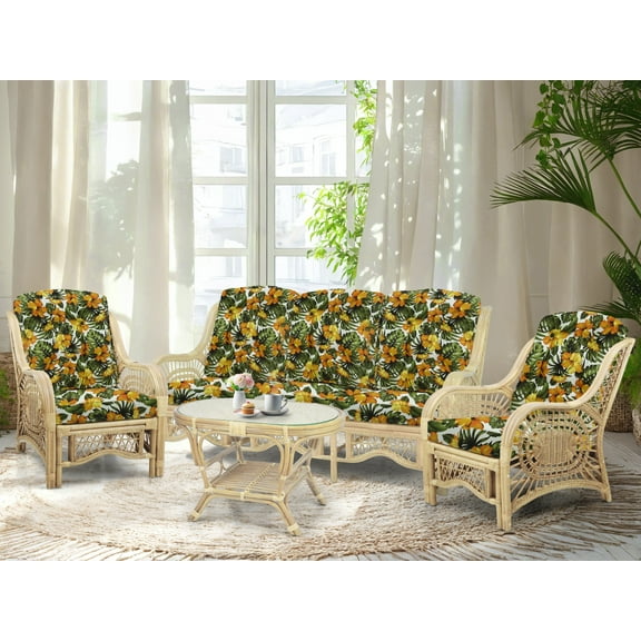 Malibu Lounge Set of 4: 2 Natural Rattan Wicker Chairs, Three-Seater Sofa with Cushions and Coffee Table with Glass Handmade, Natural Color (Floral Cushions)