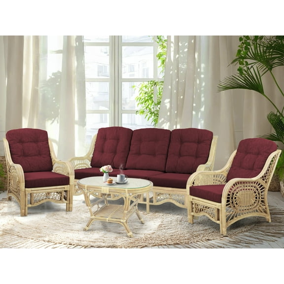 Malibu Lounge Set of 4: 2 Natural Rattan Wicker Chairs, Three-Seater Sofa with Cushions and Coffee Table with Glass Handmade, Natural Color (Dark Brown Cushions)