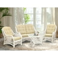 thumbnail image 1 of Malibu Lounge Set of 4: 2 Natural Rattan Wicker Chairs, Loveseat with Cream Cushions and Coffee Table w/Glass Handmade, White Color, 1 of 7