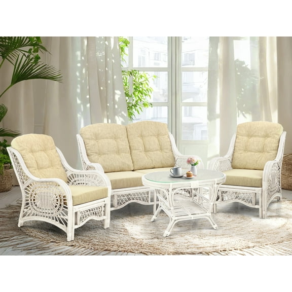 Malibu Lounge Set of 4: 2 Natural Rattan Wicker Chairs, Loveseat with Cream Cushions and Coffee Table w/Glass Handmade, White Color