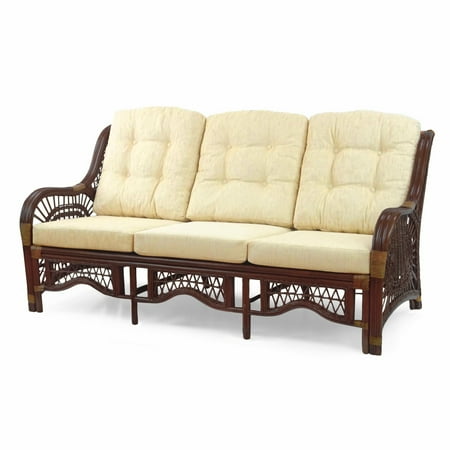 Malibu Lounge Three-Seater Sofa Natural Rattan Wicker Handmade Design with Cream Cushions, Dark Brown