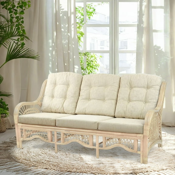 Malibu Lounge Three-Seater Sofa Natural Rattan Wicker Handmade Design with Cream Cushions, Natural Color