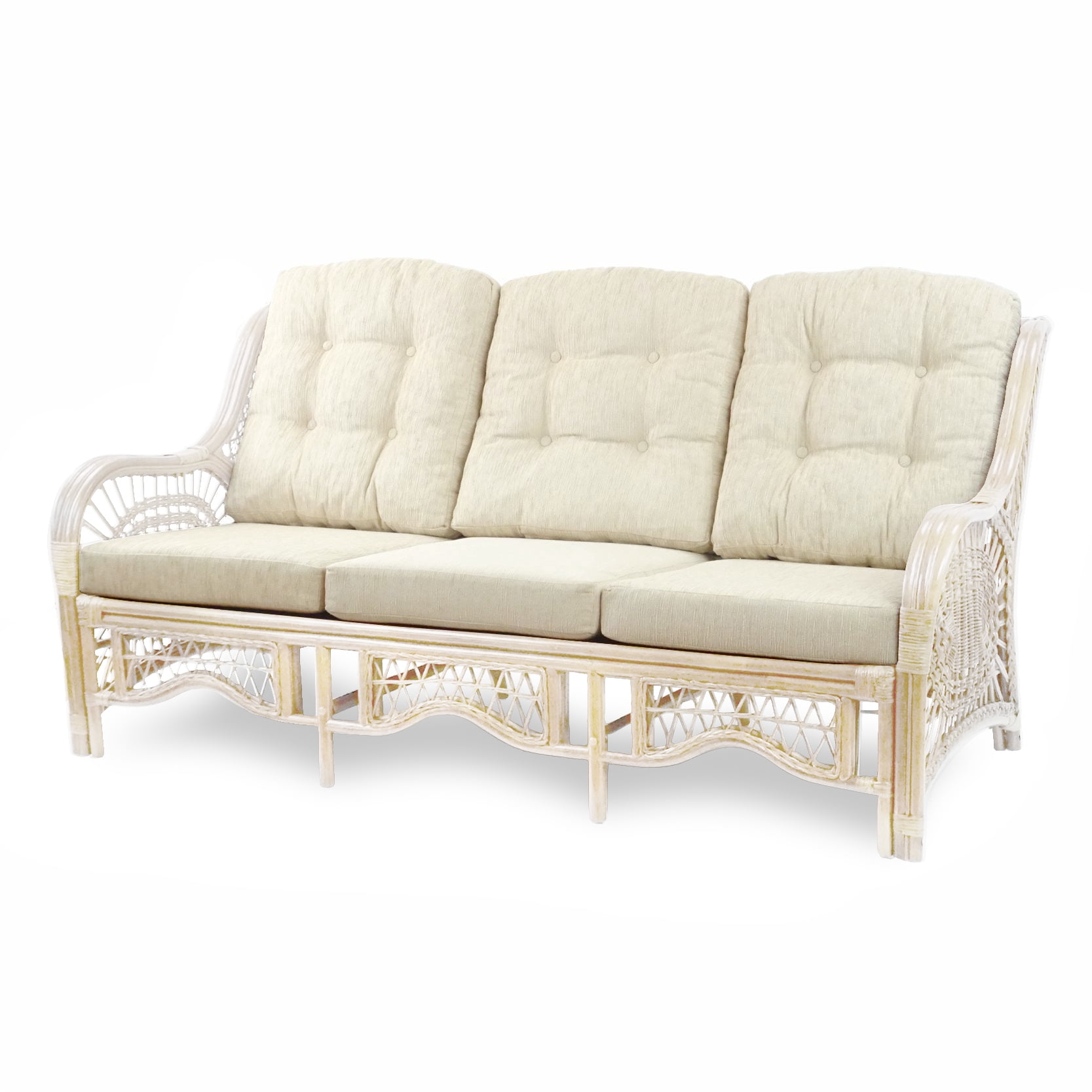 Malibu Lounge Three-Seater Sofa Natural Rattan Wicker Handmade Design with Cream Cushions, White Wash