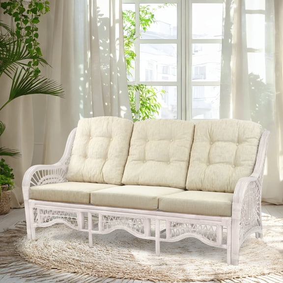 Malibu Lounge Three-Seater Sofa Natural Rattan Wicker Handmade Design with Cream Cushions, White Color